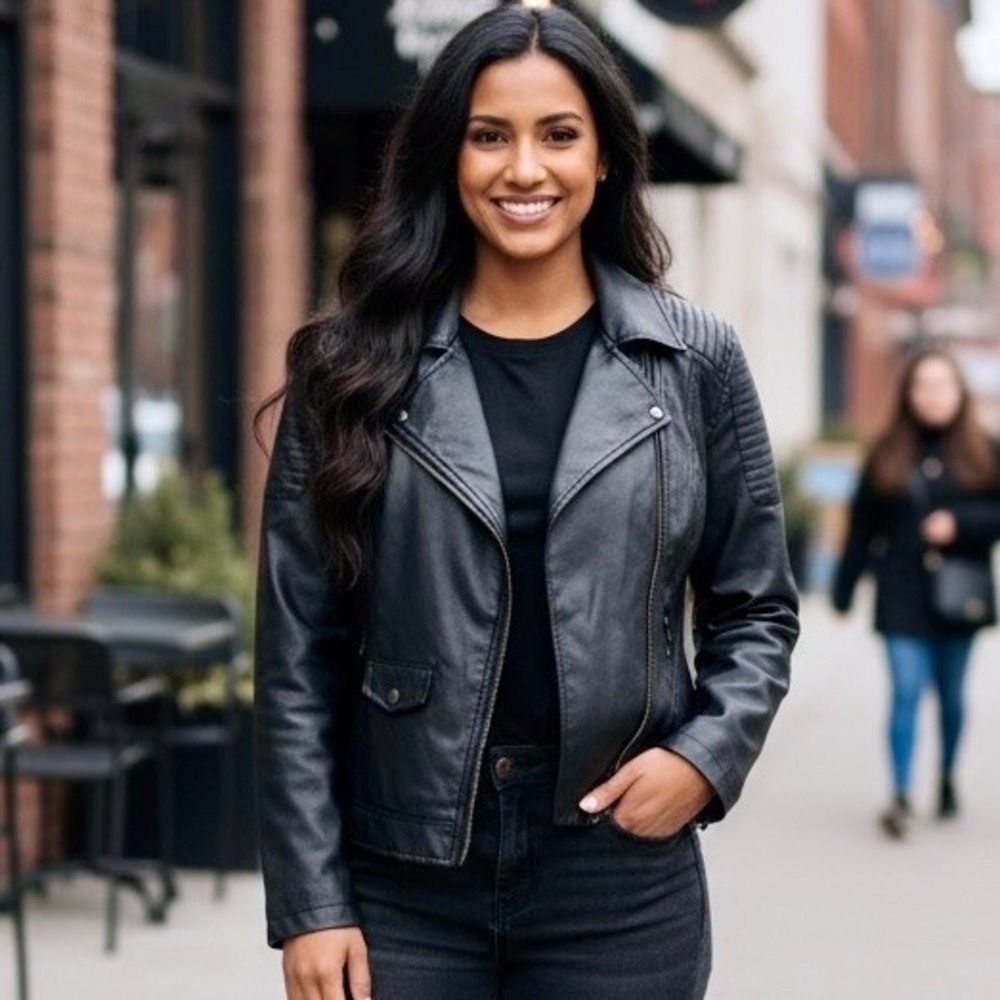 Bongo Vegan Leather Moto Jacket Women Plus 3X Black Zipper Long Sleeves‎ Pockets